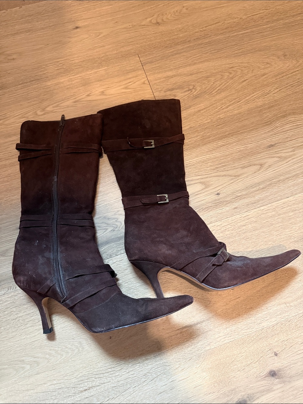 Aldo Dark Brown Suede Pointed-Toe Mid-Calf Heeled Boots
